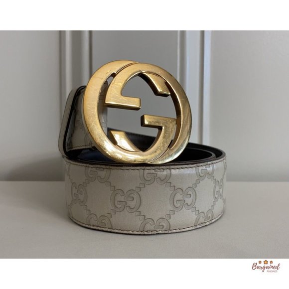 Authentic Gucci Cream Guccissima Leather Gold Interlocking G Buckle Belt 80/32 - Picture 2 of 12